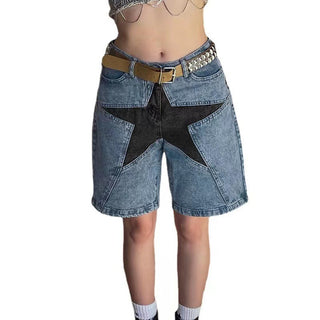 Loose Contrast Color Five-pointed Star Patch Denim Pants - Phosgene