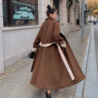 Women's Long Knee Length Loose Contrasting Woolen Coat - Phosgene