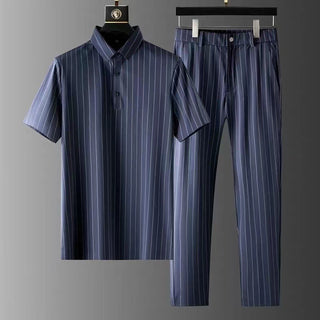 Men's Ice Silk Stripes Casual Short Sleeve Trousers Suit - Phosgene