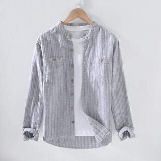 Stripe Double Pocket Chinese Style Stand Collar Casual Cotton Linen Long Sleeve Blouse Phosgene