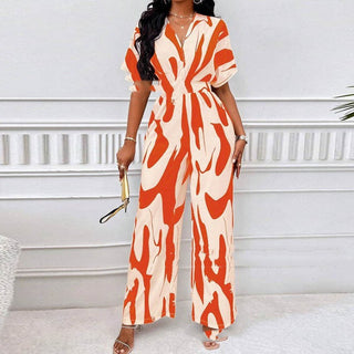 V-neck Loose Printed Long Jumpsuit - Phosgene