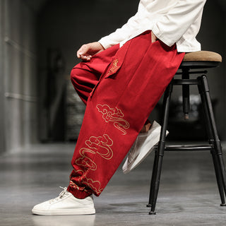 New Chinese Style Men's Trousers Printed Loose Wide-leg Trousers Plus Size - Phosgene