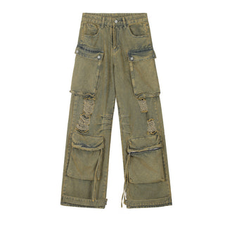 Make Old Ripped Cargo Jeans Men's Dyeing Phosgene