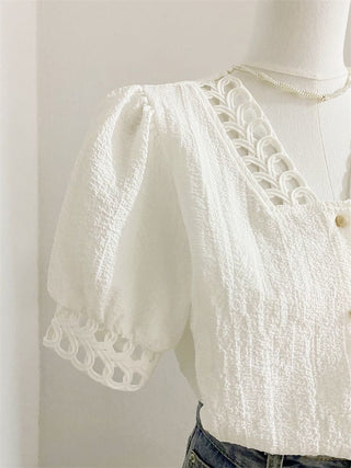 Design Sense Niche Lace Sweet Chic French Puff Sleeve Top Phosgene