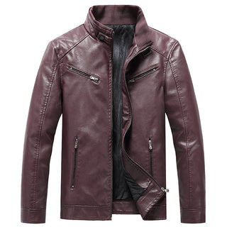 Men's Fleece Padded Coat Casual Korean-style Stand Collar PU Leather Jacket Trendy Youth - Phosgene