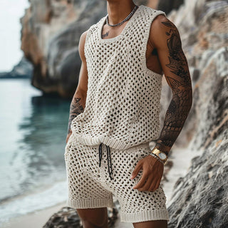 Casual Vertical Pattern Suit Slim Lapel Short Sleeve Button Shirt Shorts - Phosgene