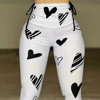 Drawstring Heart Print Yoga Sports Hip-hop Fitness Leggings - Phosgene