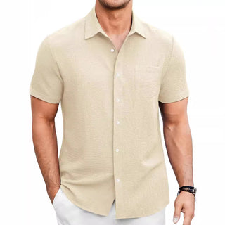 Men's Summer Solid Color Bubble Wrinkle Simple And Comfortable Daily Short Sleeve Shirt Phosgene