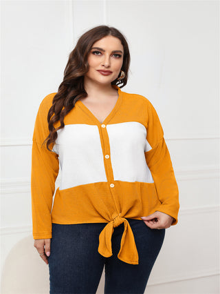 Long-sleeved V-neck Open Placket Top - Phosgene