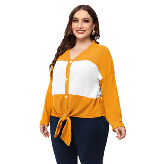 Long-sleeved V-neck Open Placket Top - Phosgene