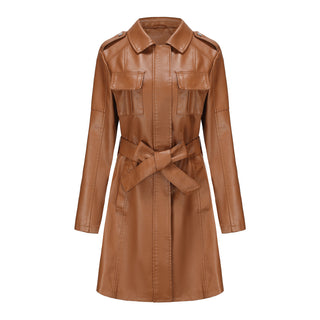 New European And American-style Mid-length Leather Coat With Belt Fashion British Coat For Women - Phosgene