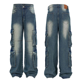 Men's Spring And Summer New Special-interest Design Washed And Worn Cargo Jeans Phosgene