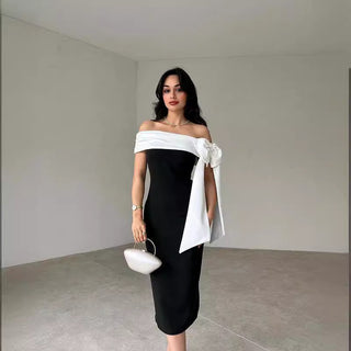 Women's Off-shoulder Bow Black And White Color Matching Elegant Cocktail Dress - Phosgene