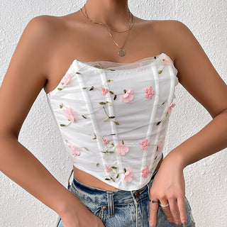 Flower Embroidery Fishbone Short Mesh Outer Wear Tube Top - Phosgene