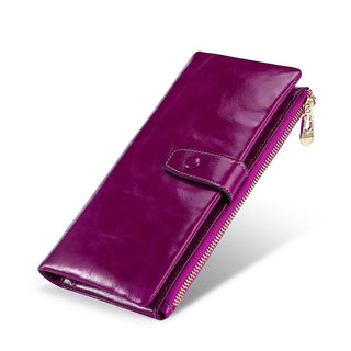 Women's Real Leather Long Multiple Card Slots Hand-held Retro Oil Wax Skin Coin Purse - Phosgene