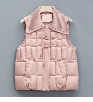 Stand Collar National Style Buckle Knitted Lapel Sleeveless Cotton-padded Jacket Vest - Phosgene