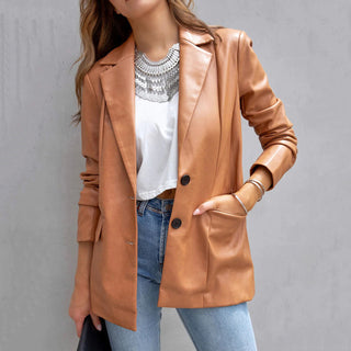 Long Sleeve Button Pu Cardigan Coat For Women - Phosgene