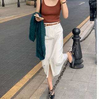 High Waist Pure Color Slit Skirt - Phosgene