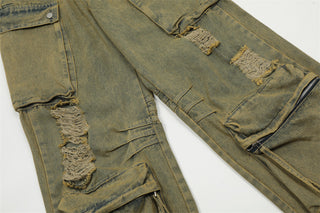 Make Old Ripped Cargo Jeans Men's Dyeing Phosgene