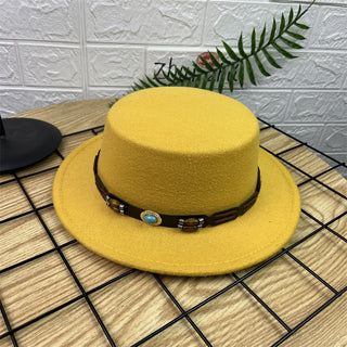 British Retro Woolen Wide Brim Flat Top Hat - Phosgene