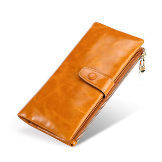 Women's Real Leather Long Multiple Card Slots Hand-held Retro Oil Wax Skin Coin Purse - Phosgene