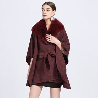 Faux Rex Rabbit Fur Collar Knit Shawl Cape - Phosgene