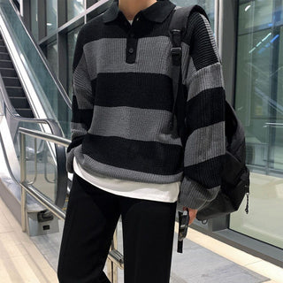 Striped Polo Sweater Men's Autumn And Winter Lapel Phosgene