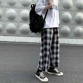 Leisure Plaid Loose Fried Street Draping Draggle-tail Straight Trousers Phosgene