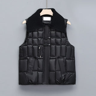 Stand Collar National Style Buckle Knitted Lapel Sleeveless Cotton-padded Jacket Vest - Phosgene