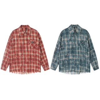 Distressed Tie-dyed Plaid Long-sleeved Shirt Men's Fashion Brand Phosgene