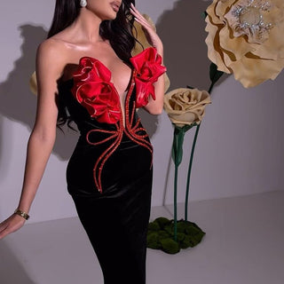 European And American Fashion New Style Temperament Socialite Flower Chain Strapless Long Type Evening Dress - Phosgene