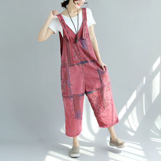 Printed Worn Looking Washed-out Big Crotch Ninth Plus Size Stitching Denim Suspender Pants - Phosgene