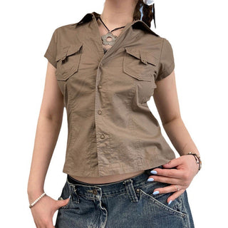 European And American Minimalist Basic Lapel Snap Fastener Tooling Style Shirt Short Sleeve Top - Phosgene