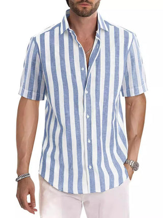 Casual Fashion Short Sleeve Striped Dress Shirt Cotton Beach Shirt Phosgene