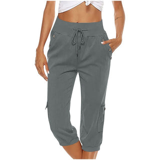 Women's Cropped Pants Cotton Linen Cargo Pocket Casual Pants - Phosgene