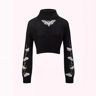 Butterfly Embroidery Short Long Sleeve Casual Sweater - Phosgene