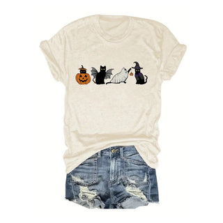 Halloween Black Cat And Pumpkin Printed Round Neck Short Sleeve - Phosgene