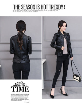 New Spring And Autumn Korean Style Motorcycle Stand-up Collar Slim Fit Slimming Leather Coat - Phosgene