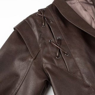 Coffee Brown Lace-up Loose Casual Leather Clothing Coat - Phosgene