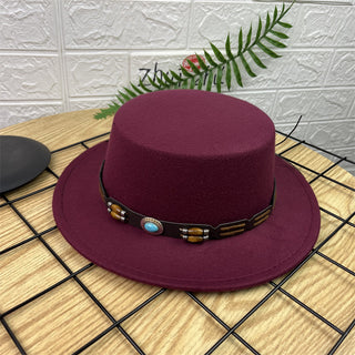 British Retro Woolen Wide Brim Flat Top Hat - Phosgene