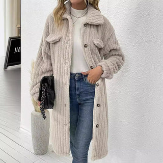 Women's Plush Lapel Long-sleeved Woolen Coat Top - Phosgene