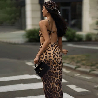 Women's Summer Sexy Leopard Print Halter Backless Hip Dress - Phosgene