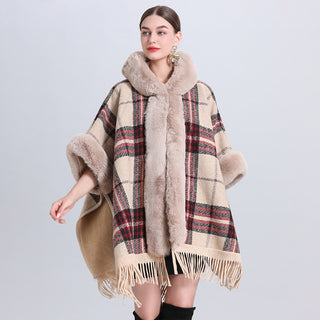 Loose Plaid Plus Cashmere Fur Collar Knitted Inverness - Phosgene