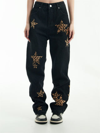 Leopard Print Five-pointed Star Jeans For Men And Women Phosgene