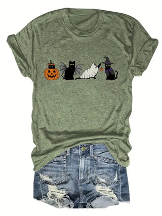 Halloween Black Cat And Pumpkin Printed Round Neck Short Sleeve - Phosgene