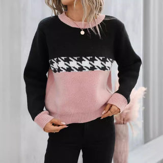 Contrast Color Pullover Round Neck Knitted Sweater - Phosgene