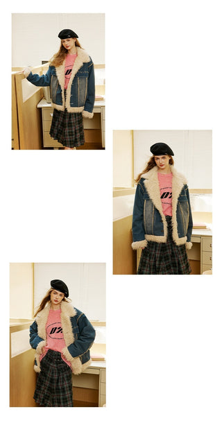 Blue Denim Fur Collar Coat Women's Retro Cotton - Phosgene