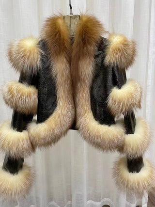 Elegant Bright Patent Leather Pattern Sheepskin Fashion Short Fox Fur Coat - Phosgene