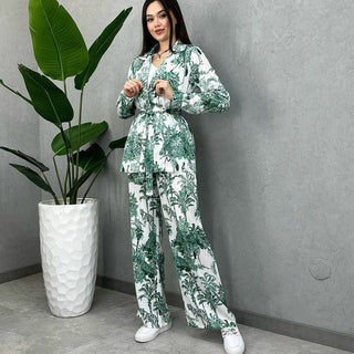 European And American Digital Printing Suit Women's Long Sleeve Loose Lace-up Casual Two-piece Suit - Phosgene