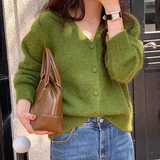 Knitted Cardigan Vintage Avocado Green V-neck Lazy Style Sweater - Phosgene